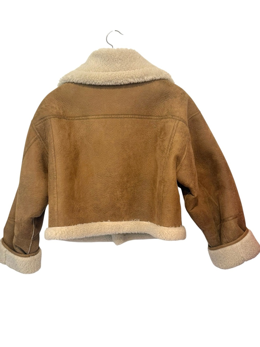 Mango MNG Suede Cropped Aviator Jacket Shearling Collar Large - Picture 3 of 15
